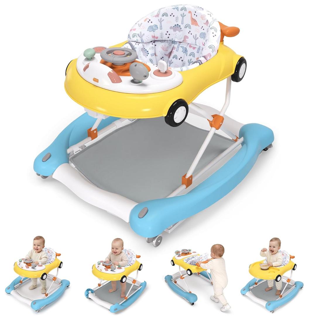 5-in-1 Convertible Baby Walker with Steering Wheel Music Activity Center – Infant Rocker, Jumper, Push Walker, Bouncer & Feeding Foldable Walker for Ages 6-18 Months Boys Girls (Yellow Blue)
