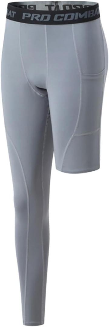 Men's Basketball Single Leg Tight Sports Pants 1/2 One Leg Compression Pants Athletic Base Layer Underwear (Medium, Gray-1-right-long)
