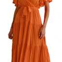R.Vivimos Summer Dress for Women Cotton Ruffle Short Sleeves V Neck Casual Flowy Midi Dress with Belt (Small)