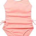 OYOANGLE Girl's Cute Spaghetti Straps Round Neck Drawstring One Piece Swimwear Tie Bathing Suit (Pink, Medium)