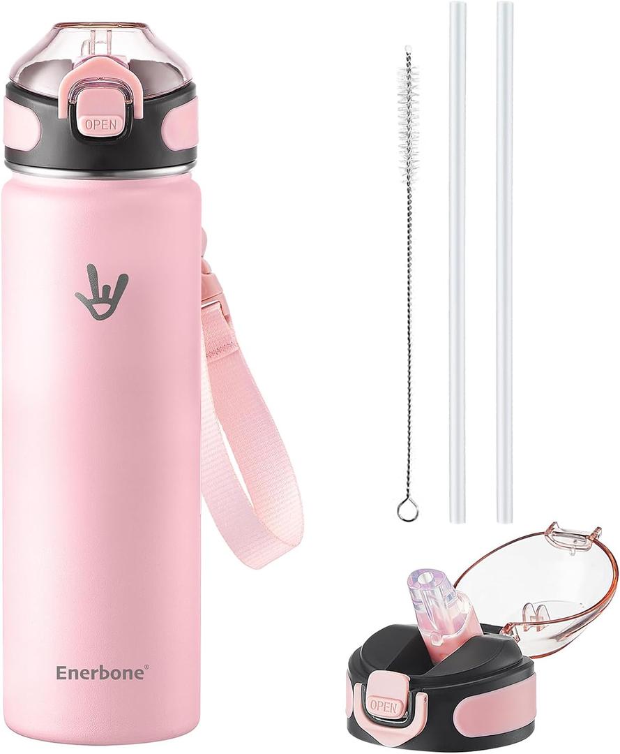 Enerbone 24 oz Insulated Water Bottle, Stainless Steel Bottle with Carrying Strap, Double-Wall Vacuum Insulation Design, Leakproof Sports Bottle with Straw, Keep Drinks Cold or Hot for Hours (Pink)