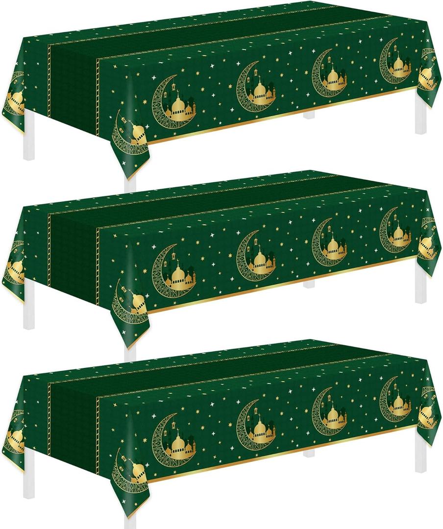 3 Pack Ramadan Mubarak Tablecloths for Eid Mubarak Decorations, 54" x 108" Plastic Disposable Happiness Ramadan Eid Al-fitr Party Table Covers for Rectangle Tables Ramadan Party Favors(Green)