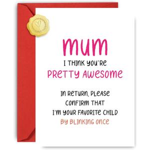 4 x Funny Favorite Child Mothers Day Card, Happy Mother's Day Greeting Card with Envelopes, Thank You, Birthday Card for Mom from Daughter, Son