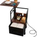 Modern Rolling Nightstand with Charging Station for Small Space, 360 Swivel Bedside Table with Height Adjustable, Bed Side Table with Drawer Storage for Bedroom - Walnut Look
