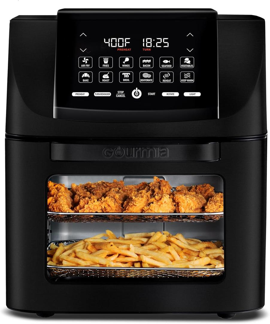 Gourmia Air Fryer - 14 Qt All-in-One Oven with Rotisserie, Digital Display with 12 Presets, Roast, Bake, Broil, Dehydrate, Dishwasher Safe Accessories, Black, 14 Quart