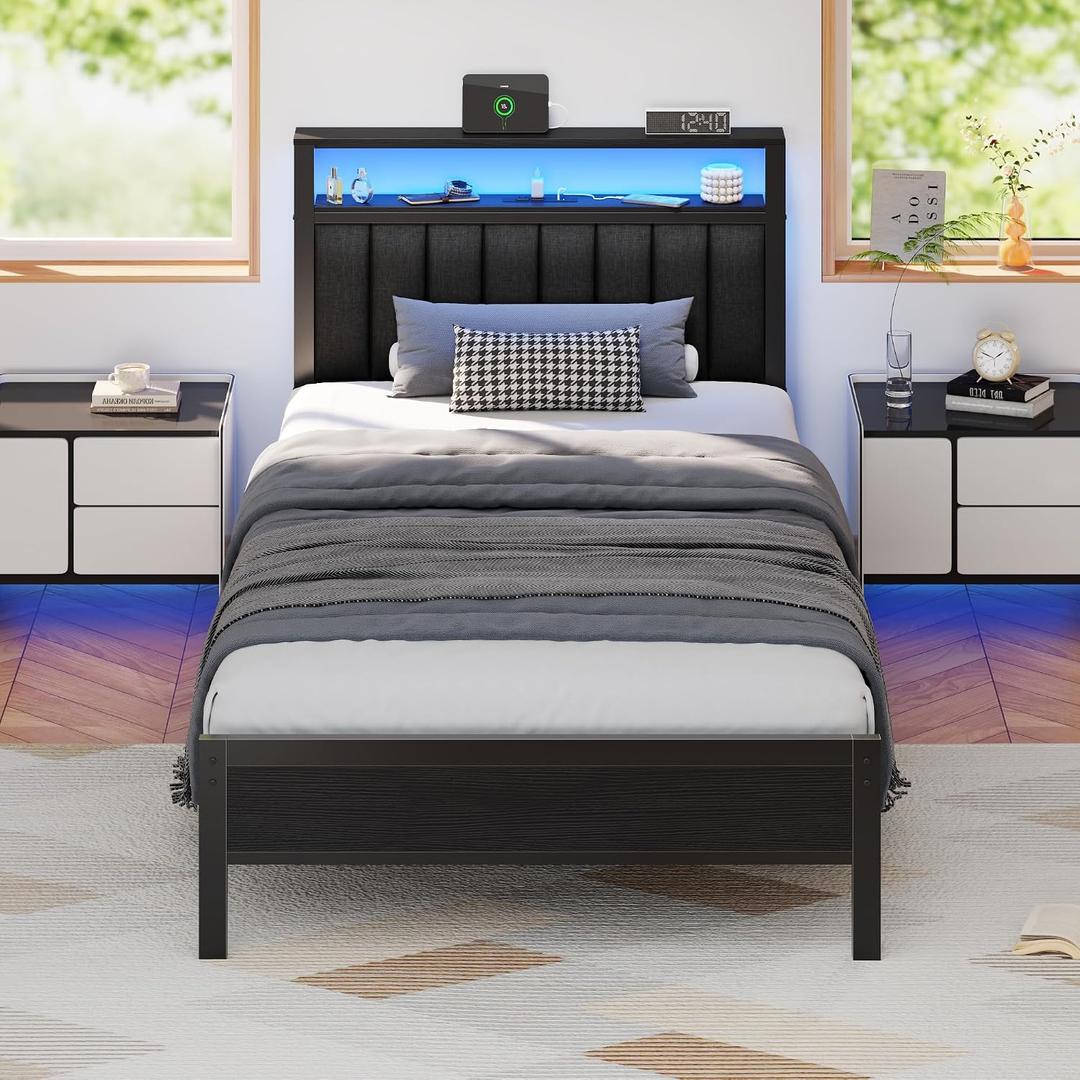Furnulem Twin Size Bed Frame with Charging Station and LED Lights, Platform Bed with Metal Slats, Grey Upholstered Headboard with 2-Tier Storage Shelves, No Box Spring Needed