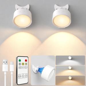 LED Wall Lights, [160H Battery Operated] Wireless Rechargeable Mounted, 3 Color & 4 Brightness Level & 360Rotate & Touch or Remote, Wall Sconces for Reading Bedroom(White,Set of 2)