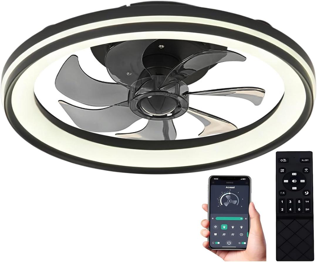 20inch Ceiling Fans Lights,68W Flush Mount Ceiling Fan with Ceiling Lights,Dimmable 3CCT,App Control,Remote Control,Timer,6 Wind Speeds Smart Low Profile Ceiling Fan for Room (B-Black)