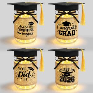TREWAVE 4 Sets Graduation Centerpieces for Tables - Class of 2026 Graduation Decorations, Glass Mason Jars with Grad Caps & LED Lights for College High School Party Table Decor, Congrats Grad Gifts