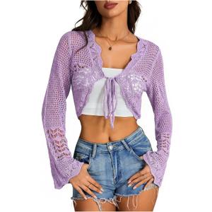 OYOANGLE Women's Crochet Tie Front Sweater Cardigans Bell Sleeve Knitted Cropped Bolero Shrug Cardigan, Small