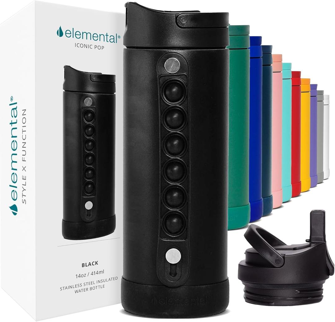 Elemental Iconic Kids Water Bottle for School - 100% Leak-Proof Insulated Water Bottles with Straw Lid & Pop-It Handle for Boys & Girls - Triple-Wall Insulated & BPA-Free, 14oz  Black