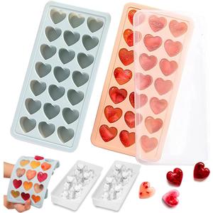 2 Pack Heart Shpaed Ice Cube Trays with Lids, 42 Holes Silicone Heart Ice Cube Molds for Whiskey, Cocktail, Fun Shapes Ice Cubes, Chocolate, Candle, Candy, Jelly, Jello - with Lids Bins