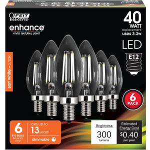 Feit Electric 40W Equivalent Candelabra LED Light Bulb, Dimmable, E12 Base, 2700K Soft White, B10 Filament Torpedo Tip Decorative Lighting Bulbs, 13-Year Lifetime, CTC40/927CA/FIL/6, 6-Pack