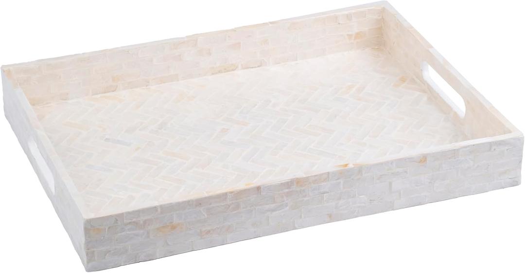 PEMAR Handmade Capiz Shell Decorative Serving Tray  Mother of Pearl Finish Herringbone Mosaic Rectangular Tray with Handles, 15.74 x 11.8 x 2 in, for Coffee Table & Home Decor (White Cream Herringbone)