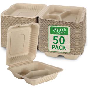 Aricsen 50 Pack 3 Compartment Compostable 8x9 Inch Takeout Lunch Box Containers with Lid To Go Take Out Clamshell for Food, Disposable Eco-Friendly Biodegradable Bagasse, PFAS-Free, Brown