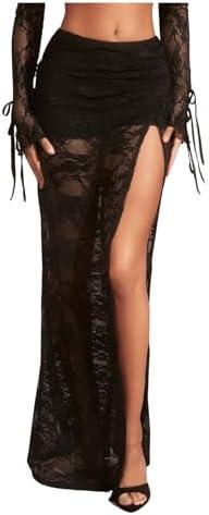 Verdusa Women's Floral Lace Long Skirt with Slit Sheer Low Rise Maxi Rave Flare Skirt Large, Black  Verdusa Women's Floral Lace Long Skirt with Slit Sheer Low Rise Maxi Rave Flare Skirt Large, Black