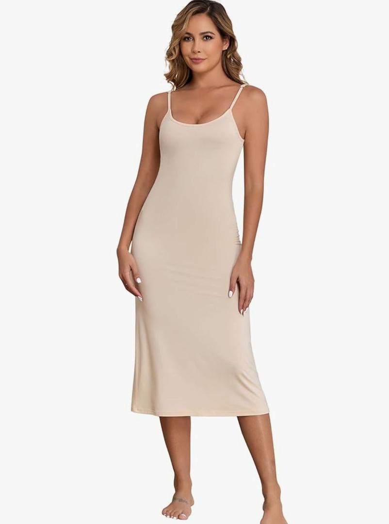 Long Slip Dress for Women Adjustable Spaghetti Straps Full Slip for Women Under Dresses Cami Midi Dresses Nightgown M, Beige