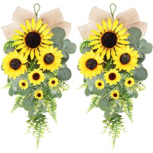 24in Artificial Sunflowers Teardrop Swag Spring Summer Sunflowers Floral Swag Wreath with Burlap Bow Fake Yellow Sunflowers Garland for Front Door Indoor Outdoor Window Home Decor