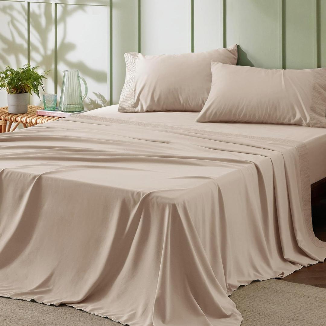 Bedsure California King Sheet Sets - 4 Pieces Soft Cal King Sheets - Breathable & Cooling - Hotel Luxury - Easy Care Polyester Microfiber Bedding for Women, Men, Light Khaki