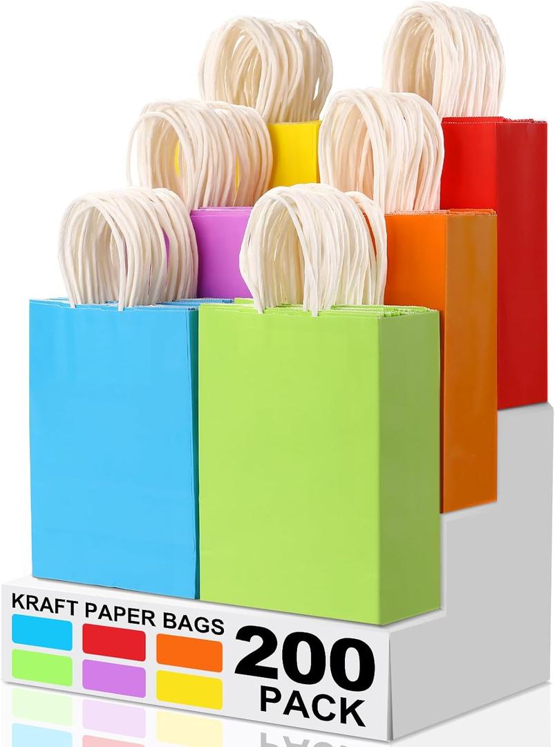 XPCARE 200Pcs Paper Gift Bags, 6.3"x3.15"x8.66" Kraft Paper Party Favor Bags Bulk Rainbow Goodie Bags Small Gift Bags with Handles for Kids Birthday Baby Shower Crafts Wedding Supplies (6 Colors)