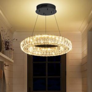 Modern Ring Crystal Chandelier with Remote Control Dimmable LED Ring Pendant Light Round Chrome Crystal Chandelier Light Fixtures for Dining Room Living Room15.7in Black