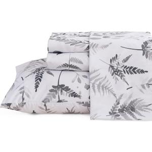 JSD Boho Floral Sheet Set Full Size, 4 Piece Grey Herbs Ferns Printed Microfiber Bed Sheets Deep Pocket (Grey White Patterns)