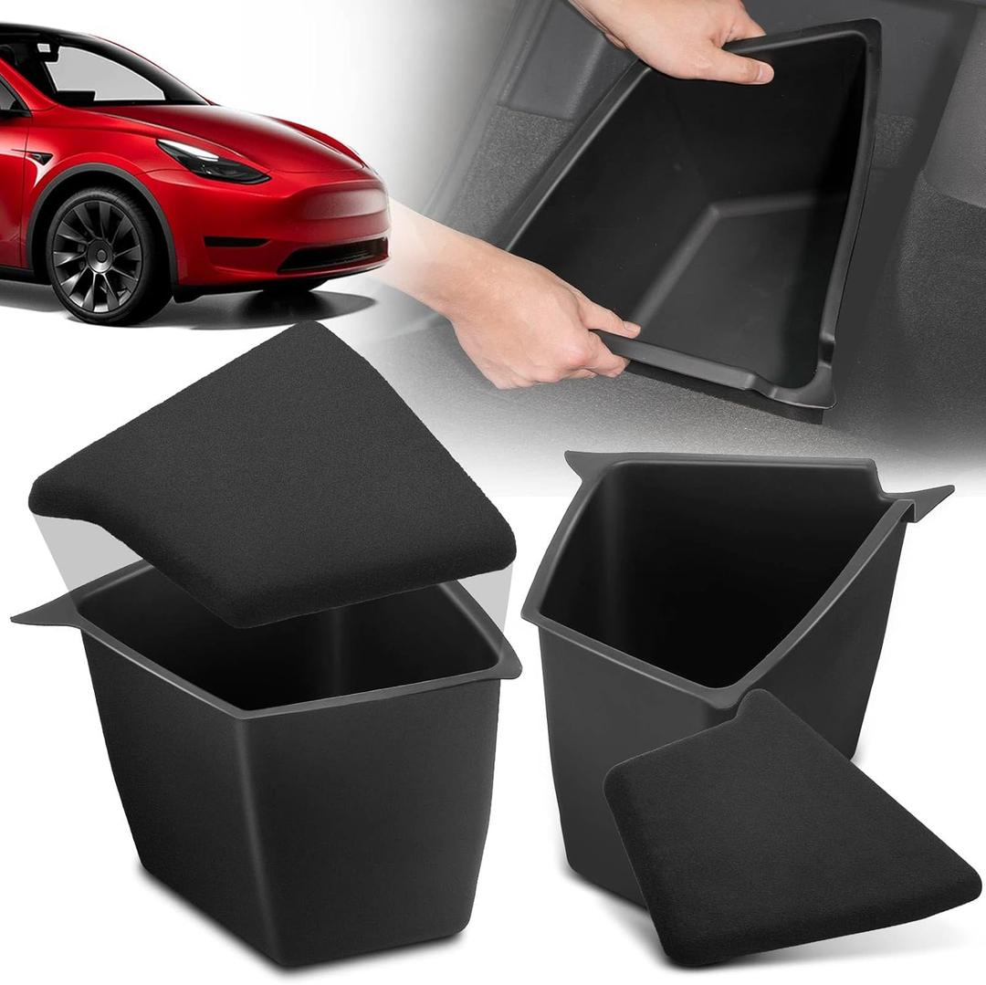YHTAUTO Trunk Organizer Fit for Tesla Model Y 2020 2021 5-Seater Rear Trunk Storage Bins Side Box with Lids Flocking Waterproof Storage Box, Model Y Accessories 2 Pcs