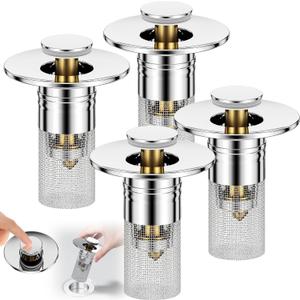 3 in 1 Sink Drain Strainer with Hair Catcher,4PCS Stainless Steel Popup Sink Stopper with Basket for Bathroom Kitchen Shower,Pop-up Bounce Core Floor Basin Drain Filter,Replacement Sink Plug