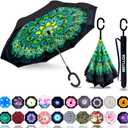 MRTLLOA 40/ 49/ 56 Inch Oversize Windproof Inverted Reverse Upside Down Umbrella, Golf Size Rain Umbrella, Double Layer, C-Shaped Handle for Men, Women and Kids(Green Peacock, 49 Inch)