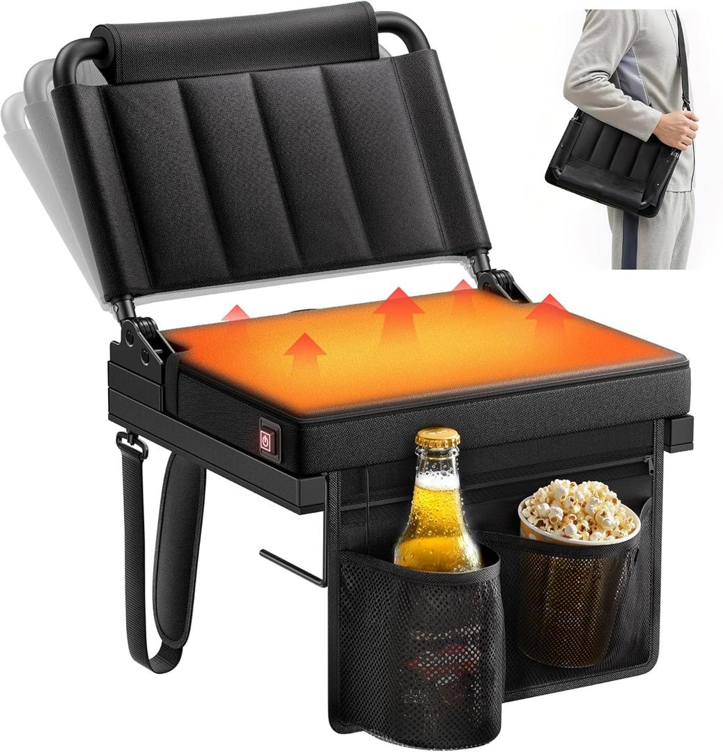 Heated Stadium Seats with Back Support for Bleacher, Portable 5-Angle and Adjustable Height Thick Cushion Seat with Cup Holder Storage Bag, Includes Shoulder Strap, Used for Sports Events and Concerts