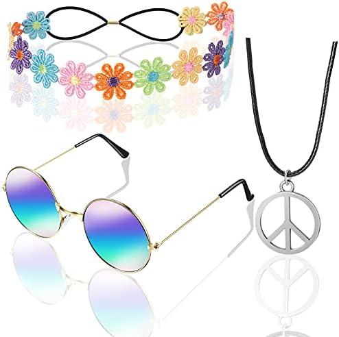 WILLBOND 60s 70s Accessories for Women Hippie Costume Accessories Peace Sign Necklace Headband Hair Wreath Sunglasses