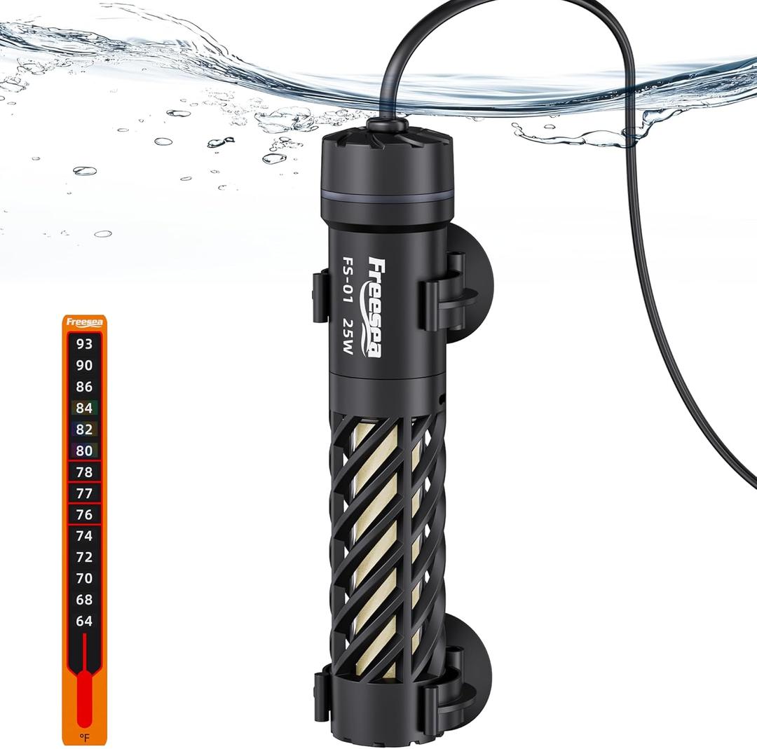 FREESEA Aquarium Heater for Fish Tank: 25W Small Submersible Thermostat with Off-Water Protection & UL Certified Cord for 1-5 Gallon Fish Turtle Tanks Enthusiasts