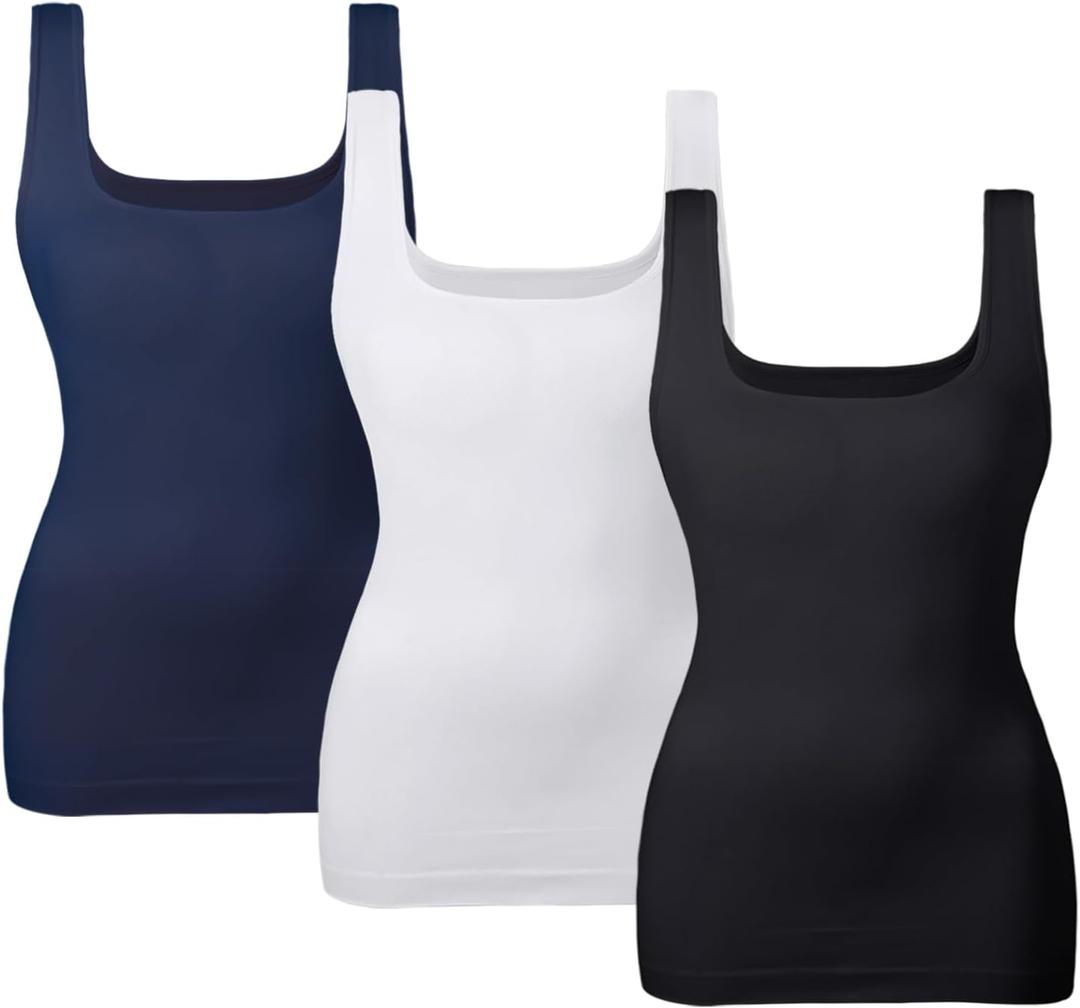 EUYZOU Women Tummy Control Shapewear Tank Tops Seamless Square Neck Compression Tops Slimming Body Shaper Camisole (Medium, Black/White/Navy 3 Pack)