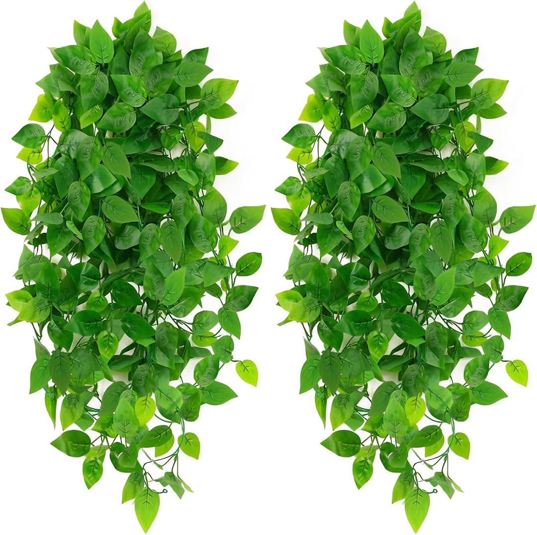 Artificial Hanging Plants, 2pcs Fake Pothos Vine Greenery for Wall Decor - Indoor Outdoor Home Living Room Hanging Decor, No Basket Included