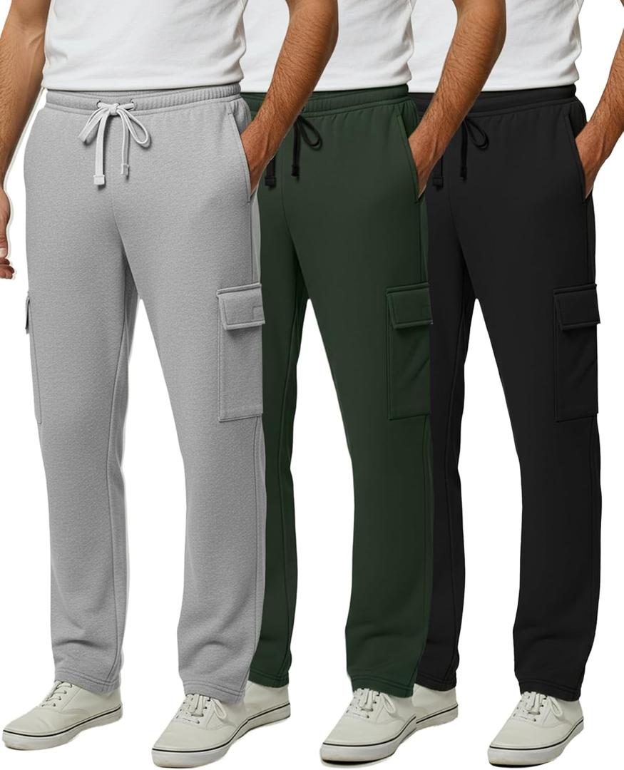 Real Essentials 3 Pack: Men's Tech Fleece Open Bottom Cargo Sweatpants with Pockets (X-Large)
