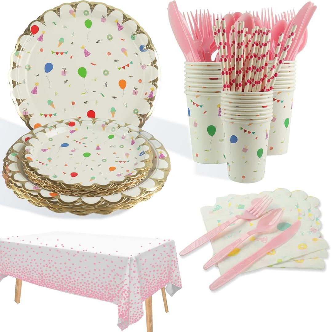 50Pcs Elegant Party Plates, Paper Plates Disposable Plates for Party Plastic Cutlery Birthday Decorations Party Supplies, Cups, Spoons, Fork, Napkins, Serves 8 Guests