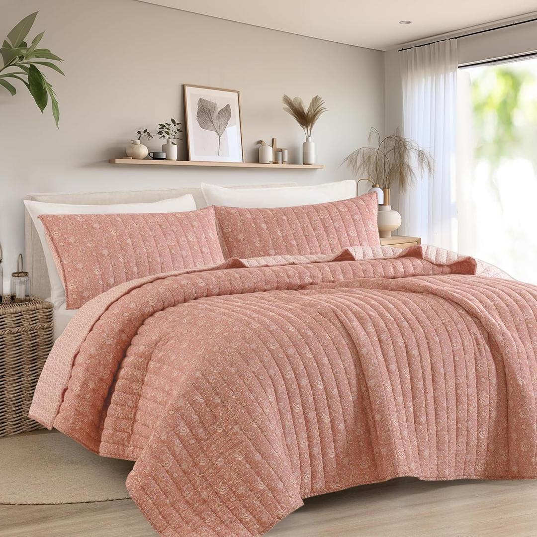 Wonderful Cotton Gauze Quilt Set Queen Size Rose Paisley Bed Cover for All Season,Reversible Voile Quilt Bedding Sets with Pillow Shams for Queen Bed, Floral Bedspread Coverlet Set