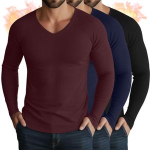 3 Pack Men's Thermal Shirts Big and Tall Fleece Lined Long Sleeve V Neck Base Layer Raglan Curved Hem Warm Tops (XXL)