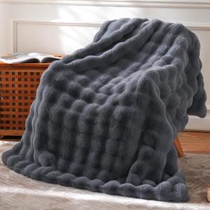 BENVWE Faux Fur Throw Blanket for Couch Cozy Fuzzy Soft Plush Fluffy Thick Luxury Minky Bubble Blanket for Living Room Home Decor Fathers Day Birthday Gifts for Women and Men, Grey, 51" x 63"