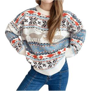 Christmas Sweaters for Women Long Sleeve Graphic Print Crew Neck Funny Pullover Cable Knit Sweater Warm Winter Tops