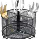 360 Rotating Metal Utensil Caddy - 4 Compartment Silverware Cutlery Holder Rotation Fork Spoon Napkin Organizer Flatware Storage Basket Party Countertop Buffet Picnic Camping Outdoor Black