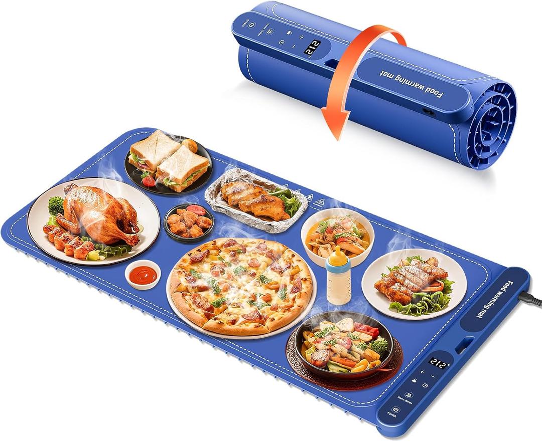 Warming Mat for Food Extra Large 32"x15", Electric Silicone Food Warmer Trays for Chafing Dishes & Buffet,Portable Countertop Food Warmers for Parties, 7-Level Temp 8-Hour Timer Blue