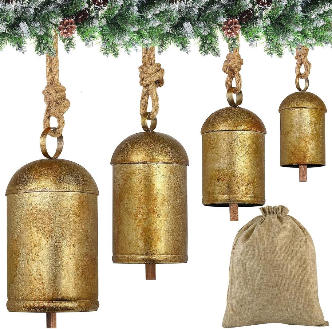 Fovths 4 Pieces Christmas Cow Bells - Rustic Metal Hanging Harmony Bells With Rope - Vintage Decorative Wind Chimes for Xmas Tree, Fireplace, Garland Ornaments