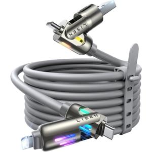 LISEN USB C to USB C, 240W 4 in 1 Charging Cable 10FT, Chubby Type C/A to C/Lighting Cable with Light for iPhone 16e 16 15 14 Pro/MacBook/iPad/Samsung S25/Switch PS5, Multi Chargers for All Devices (Grey)