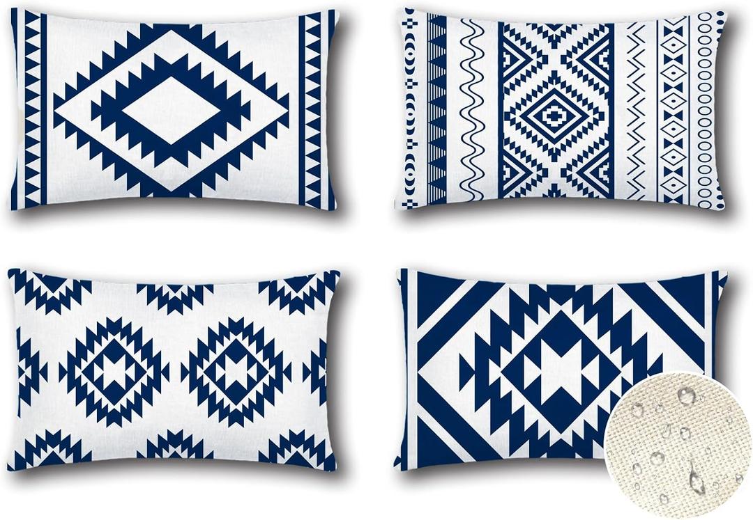 OTOSTAR Outdoor Waterproof Throw Pillow Covers 12x20 Inch Set of 4 Boho Farmhouse Outdoor Cushion Covers for Patio Funiture GardenGeometry80-Navy Blue