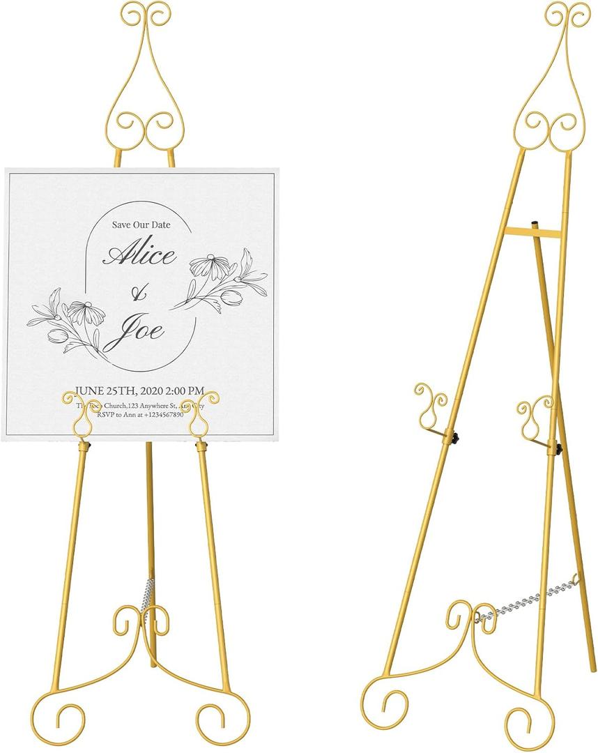 HAITRAL Gold Easel Stand for Sign,Adjustable Display Easel Stand with Chain Support,Heavy Duty Metal Easel for Wedding Sign,Art,Pictures,Paintings, 55" H Welcome Poster Stand Sign Holder Floor Dcor