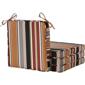 Outdoor 18 inch Square Patio Dining Chair Pads – Comfortable Fiber-Filled Seat Cushions with Ties, Reversible Polyester Fabric - Brick Stripe, Set of 4