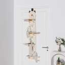Door Hanging Cat Shelf, 67 Inch Over The Door Cat Tree, 4 Levels of Jumpable Platforms, with Kitten Scratching Post & Bell Ball, for Kittens Jumping & Playing, Multi-Layer Solid Wood Board (Beige)