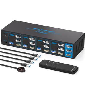 8K HDMI + 2 Displayport KVM Switch 3 Monitors 4 Computers 4K144Hz USB 3.0 KVM Switches Triple Monitor for 4 Computer Share 3 Monitor and 4 USB 3.0 Ports Support Extended/Copy Mode (Deep Blue)