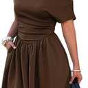 Mieazom Women's Summer Pleated One Shoulder A Line Flare Mini Dress Ruched Drop Waist Semi-Formal Short Dress with Pockets Sleeveless Vintage Date Evening Dinner Dress Brown XL